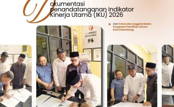 Ketua dan Anggota Bawaslu Kota Palembang menandatangani dokumen Indikator Kinerja Utama (IKU) Tahun 2026, Senin (17/8/2026). Penetapan IKU menjadi bagian dari penguatan pengukuran dan evaluasi kinerja yang terukur, akuntabel, dan berorientasi pada hasil. Foto: Humas Bawaslu Kota Palembang.