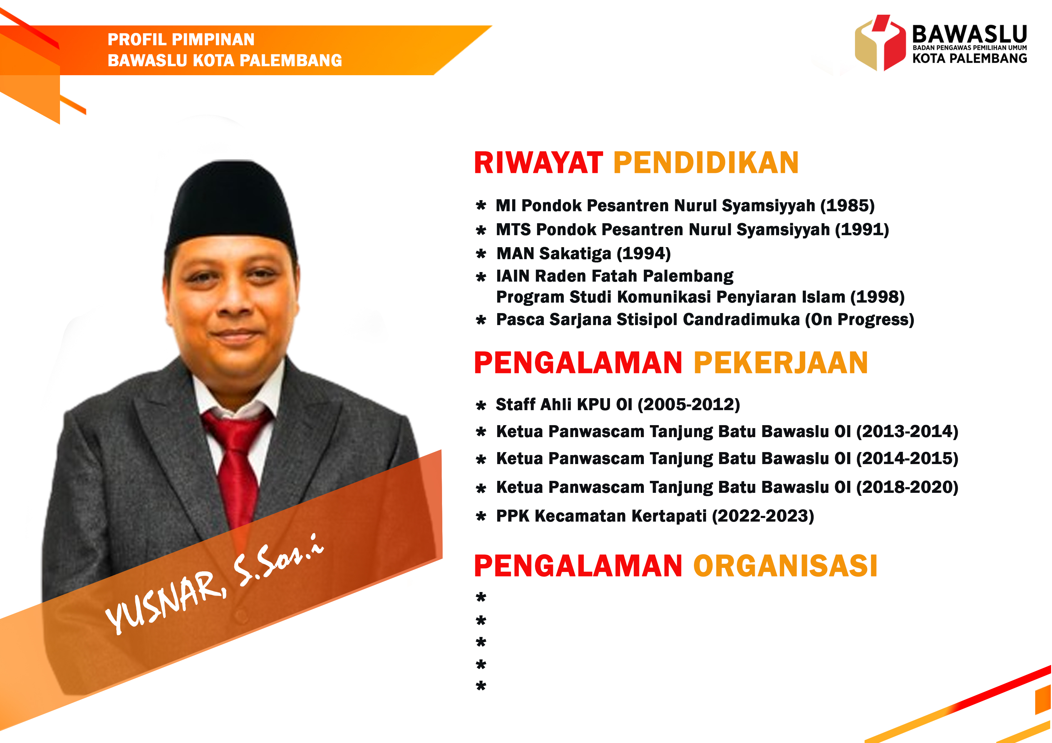 Profil Ketua Bawaslu Kota Palembang 2023-2028 Yusnar