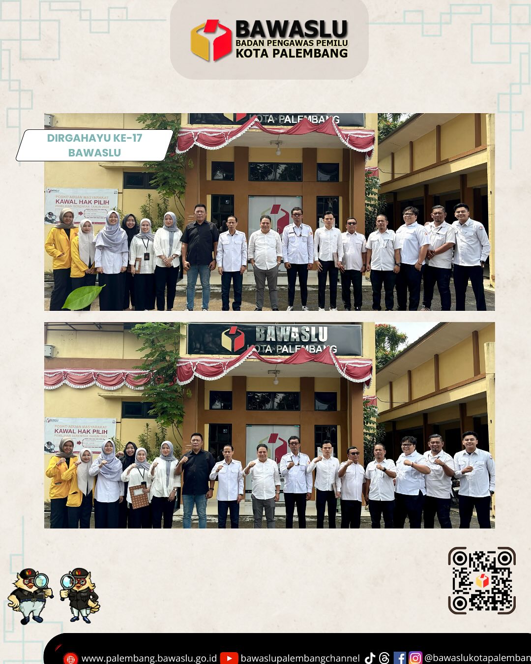 Jajaran unsur pimpinan dan staf sekretariat Bawaslu Kota Palembang mengikuti rangkaian kegiatan kebersamaan dalam rangka peringatan HUT ke-17 Bawaslu RI, Jumat (11/7/2025). Momen ini menjadi ruang konsolidasi nilai dan penguatan internal kelembagaan pasca-Pemilu 2024.