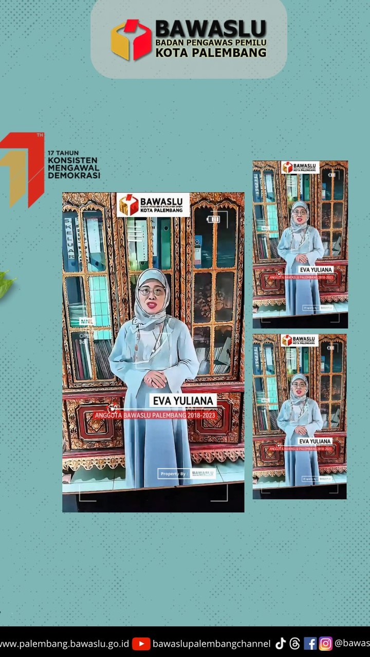 Eva Yuliana, Anggota Bawaslu Kota Palembang periode 2018–2023, tampil dalam dokumentasi reflektif HUT ke-17 Bawaslu. Pesan moral yang disampaikan menegaskan bahwa pengawasan adalah warisan tanggung jawab lintas generasi.