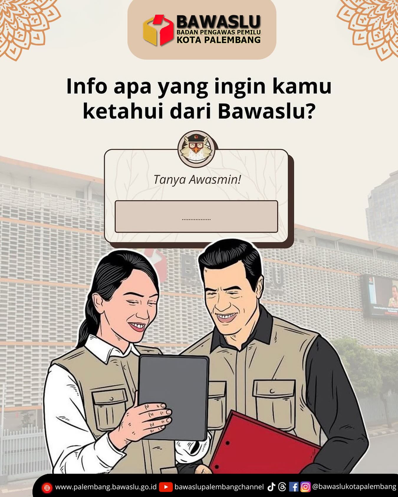 Ilustrasi konten “Tanya Awasmin!” menggambarkan dua petugas Bawaslu tengah berdiskusi menggunakan perangkat digital, berlatar Kantor Bawaslu, sebagai simbol keterbukaan informasi dan partisipasi publik dalam pengawasan pemilu.