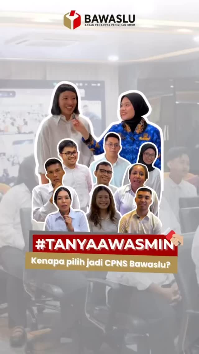 Gambar menampilkan kolase para CPNS Bawaslu dari berbagai latar belakang yang sedang menjawab pertanyaan “Kenapa pilih jadi CPNS Bawaslu?” dalam sesi interaktif #TanyaAwasmin. Di latar belakang terlihat suasana ruangan rapat yang digunakan dalam proses pengarahan CPNS, lengkap dengan layar presentasi dan peserta lainnya yang duduk. Logo Bawaslu terpampang di bagian atas, dengan judul ajakan bertuliskan “#TANYAAWASMIN – Kenapa pilih jadi CPNS Bawaslu?” di bagian bawah sebagai highlight utama.