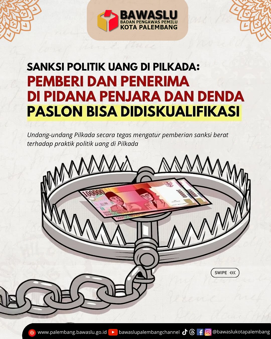Cuplikan konten edukatif dari Bawaslu Kota Palembang yang mengangkat ajakan menolak politik uang, lengkap dengan dasar hukum dan narasi visual yang komunikatif.