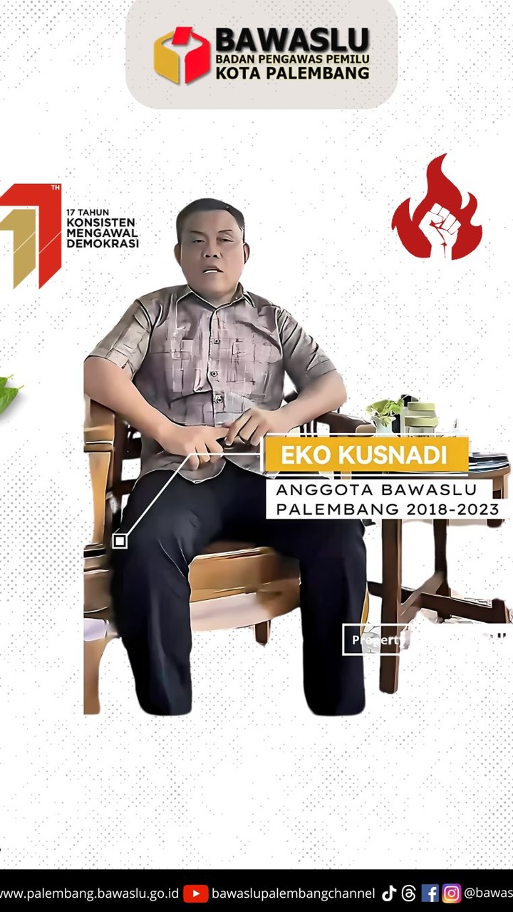 Eko Kusnadi, Anggota Bawaslu Kota Palembang periode 2018–2023, tampil dalam visual reflektif peringatan HUT ke-17 Bawaslu RI. Keberadaannya merepresentasikan kesinambungan nilai pengawasan lintas waktu.