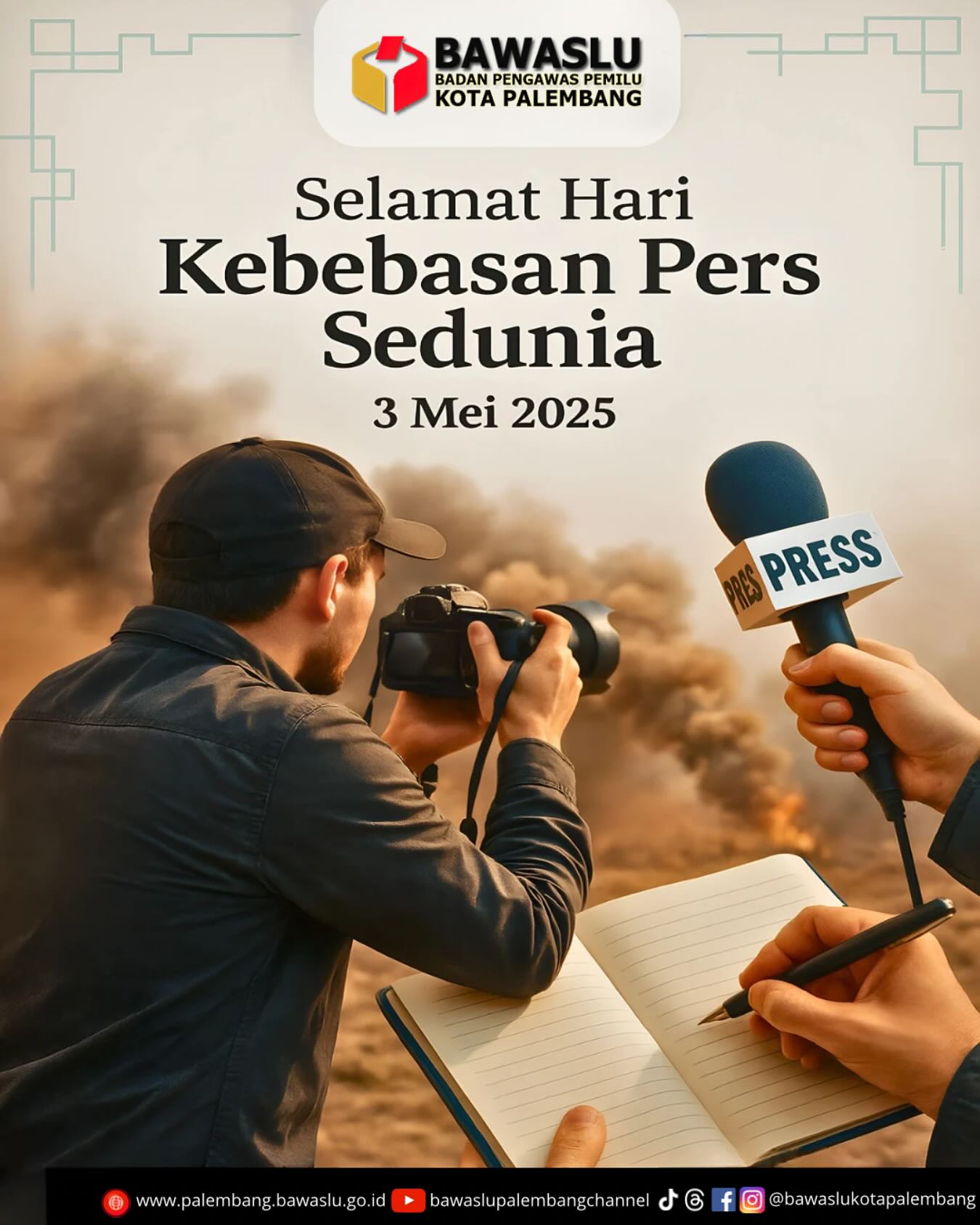 Visual memperingati Hari Kebebasan Pers Sedunia 2025, menampilkan seorang jurnalis dengan kamera dan mikrofon, simbol pentingnya kebebasan pers dalam menjaga nilai-nilai demokrasi yang lebih baik.