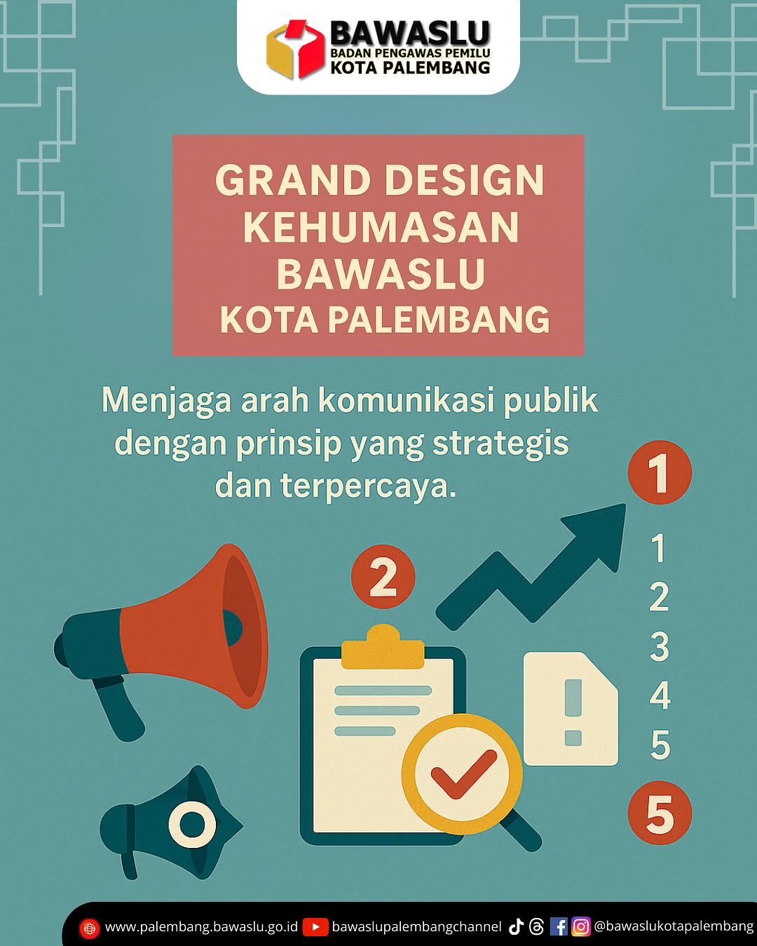 Infografis berjudul "Grand Design Kehumasan Bawaslu Kota Palembang" menampilkan lima elemen prinsip strategis dalam komunikasi publik, yaitu transparansi, akurasi, responsif, edukasi, dan konsistensi.