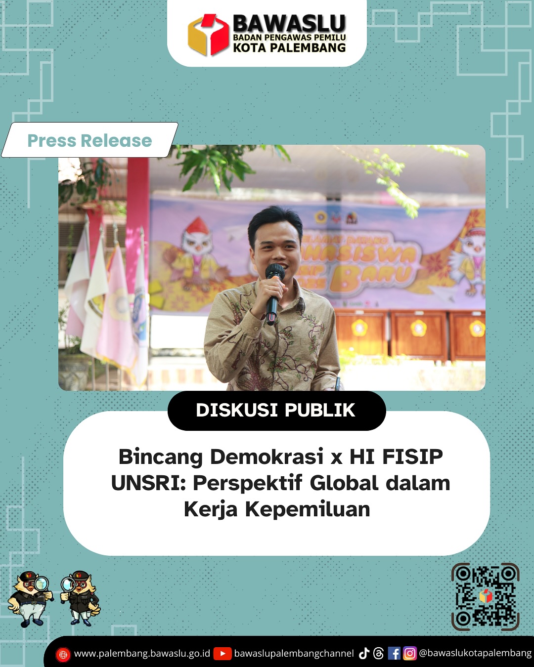 Zainal Prima Putra, Pranata Humas Ahli Pertama Bawaslu Kota Palembang, menyampaikan materi pada Kuliah Umum “Perspektif Global dalam Kerja Kepemiluan” di FISIP UNSRI, Jumat (15/8/2025).