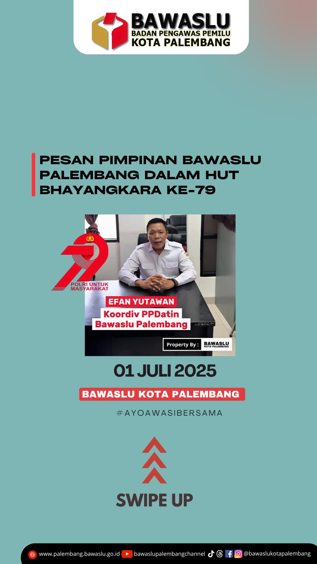 Koordinator Divisi PPDatin Bawaslu Kota Palembang, Efan Yutawan, saat menyampaikan pesan kolaborasi Bawaslu–Polri dalam video peringatan Hari Bhayangkara ke-79, Selasa (1/7).