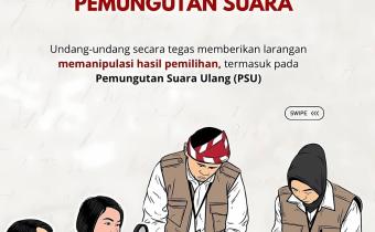Infografis Bawaslu Kota Palembang berjudul “Dilarang Mengubah Hasil Pemungutan Suara” menekankan larangan manipulasi hasil pemilu, termasuk dalam Pemungutan Suara Ulang (PSU).