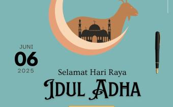 Gambar ucapan resmi Idul Adha dari Bawaslu Kota Palembang menampilkan ilustrasi Kakbah dengan latar siluet masjid dan ornamen Islami, dikelilingi nuansa kaligrafi dan warna hangat. Di bagian bawah, tercantum jajaran pimpinan Bawaslu Kota Palembang lengkap dengan nama, jabatan, dan penampilan formal. Ucapan selamat Hari Raya Idul Adha ditampilkan di tengah desain, disertai informasi tanggal 6 Juni 2025 dan penanggalan Hijriah 1446 H. Logo resmi lembaga dan kanal media sosial turut ditampilkan sebagai elemen 