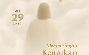 Ilustrasi siluet Isa Almasih di tengah langit cerah dengan burung merpati putih terbang, dilengkapi teks “Memperingati Kenaikan Isa Almasih – 29 Mei 2025” dan logo Bawaslu Kota Palembang di bagian atas.