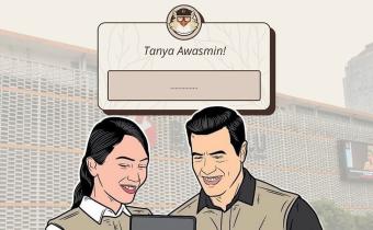 Ilustrasi konten “Tanya Awasmin!” menggambarkan dua petugas Bawaslu tengah berdiskusi menggunakan perangkat digital, berlatar Kantor Bawaslu, sebagai simbol keterbukaan informasi dan partisipasi publik dalam pengawasan pemilu.