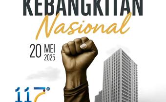 Gambar menunjukkan ilustrasi tangan mengepalkan dengan latar belakang gedung tinggi, simbol semangat kebangkitan nasional, disertai teks "Selamat Hari Kebangkitan Nasional" dan informasi peringatan pada Selasa, (20/05/2025).