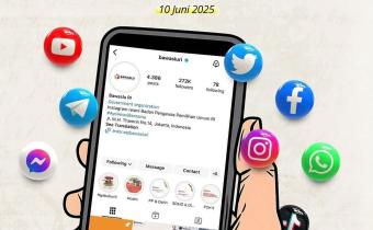Ilustrasi tangan memegang ponsel yang menampilkan akun resmi Instagram Bawaslu RI, dikelilingi ikon berbagai platform media sosial seperti Instagram, Twitter, WhatsApp, TikTok, dan lainnya. Desain ini dipadukan dengan ucapan "Selamat Hari Media Sosial – 10 Juni 2025" dari Bawaslu Kota Palembang, sebagai penegasan peran media sosial dalam menjaga ruang publik yang sehat dan demokratis.