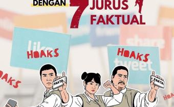 Ilustrasi kampanye edukatif Bawaslu Kota Palembang bertajuk “Hadapi Hoaks dengan 7 Jurus Faktual”. Menampilkan visual tiga petugas Bawaslu yang memegang gawai bertuliskan “FAKTA” sebagai simbol ketegasan dalam melawan hoaks. Latar dipenuhi simbol media sosial dan kata “HOAKS” untuk menggambarkan tantangan arus informasi digital yang perlu disaring dengan literasi kritis.