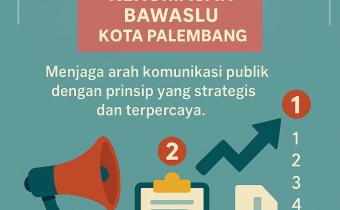 Infografis berjudul "Grand Design Kehumasan Bawaslu Kota Palembang" menampilkan lima elemen prinsip strategis dalam komunikasi publik, yaitu transparansi, akurasi, responsif, edukasi, dan konsistensi.